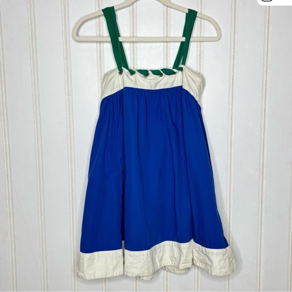 Anthropologie Blue Dress with Green ribbon straps